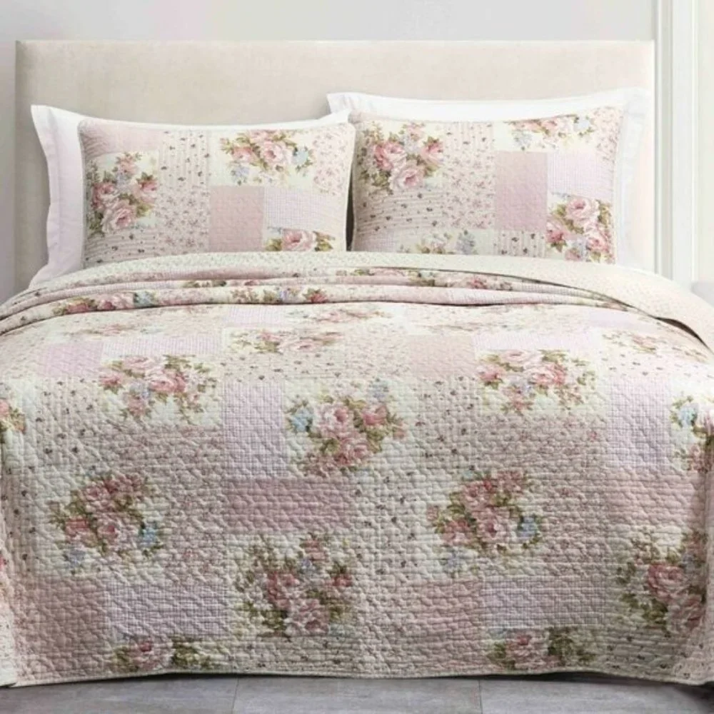 🍁🍁🍁🍂🍂🍂Pre-Washed Cotton Quilt Set - Rosy Pink Chic Floral Bedding Coverlet